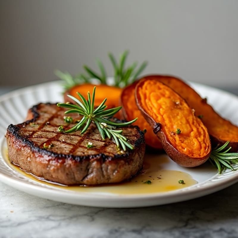 Garlic-Herb Seared Steak with Roasted Sweet Potato Wedges