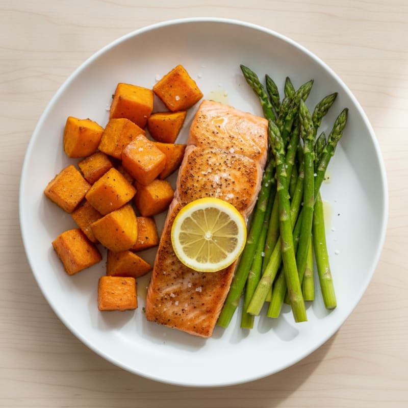Seared Salmon with Roasted Sweet Potatoes and Asparagus