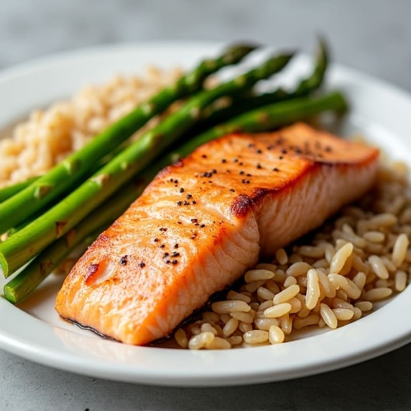 Seared Salmon with Steamed Asparagus and Brown Rice