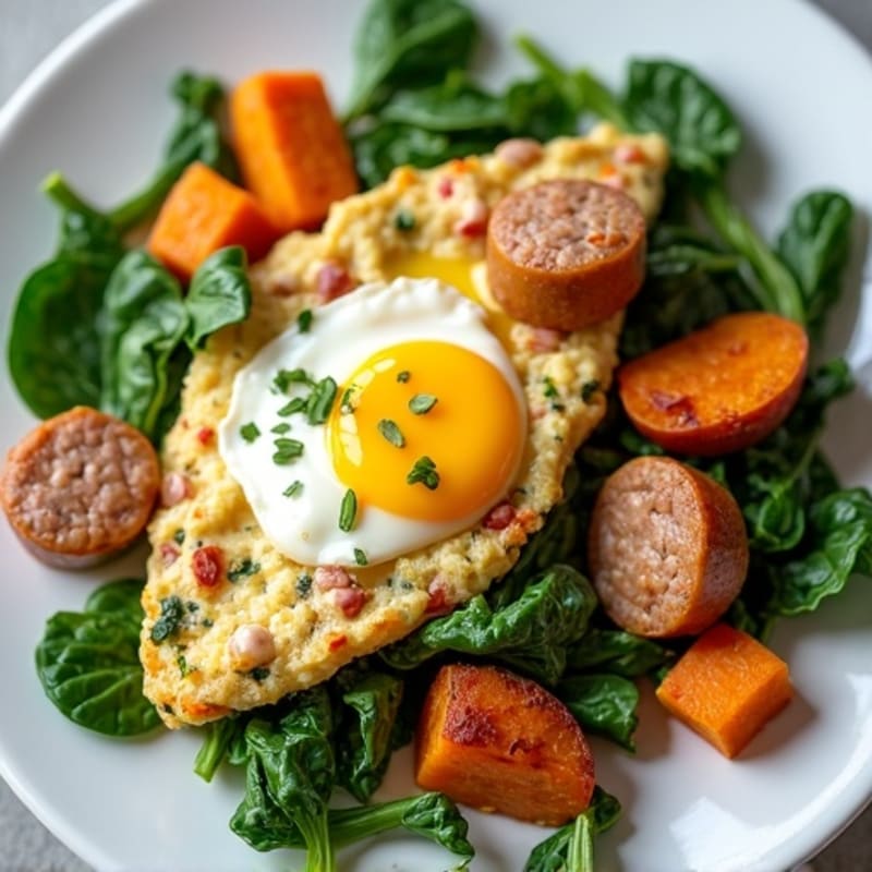 Egg White and Turkey Sausage Scramble with Spinach and Roasted Sweet Potato