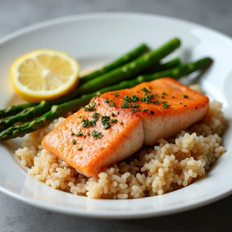 Seared Salmon Fillet with Steamed Asparagus and Brown Rice