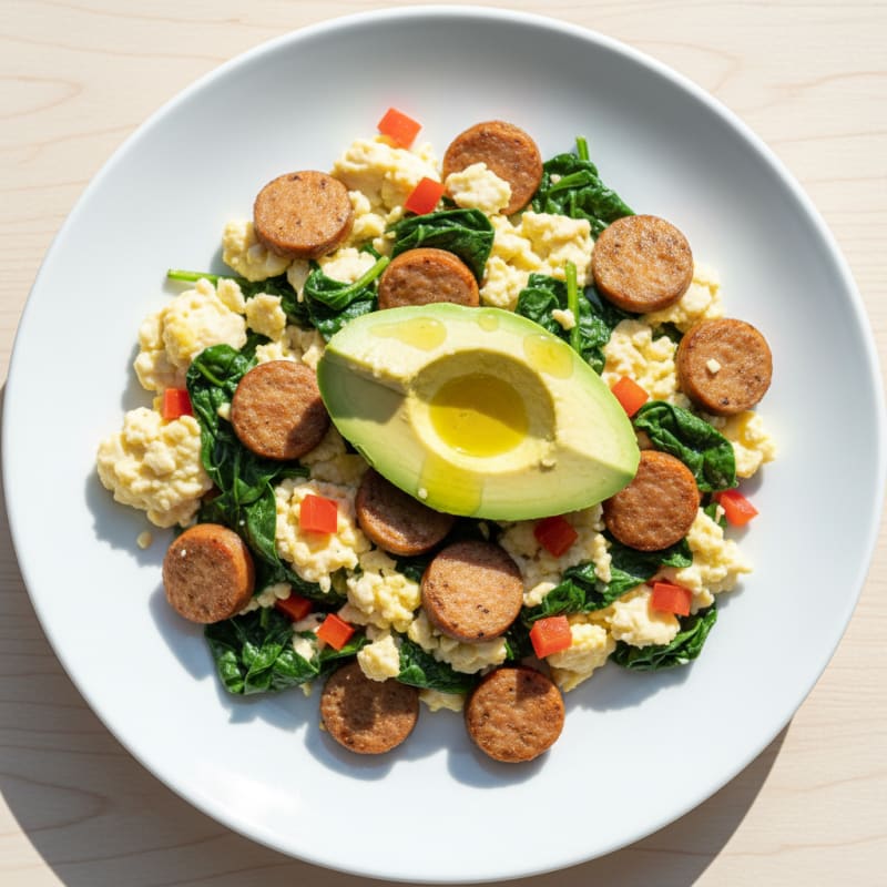Egg White Scramble with Turkey Sausage and Sautéed Spinach