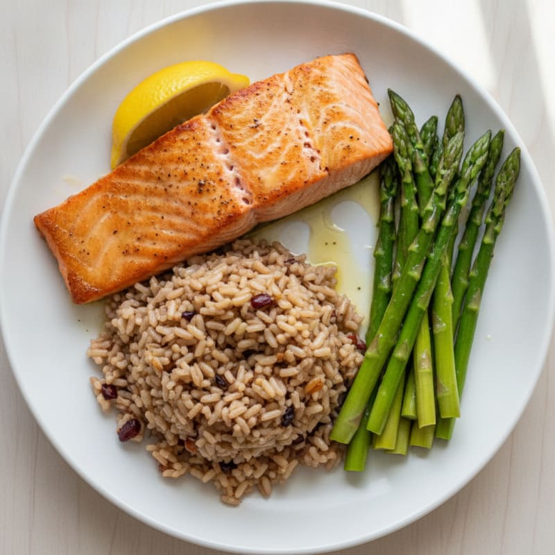 Seared Salmon with Steamed Asparagus and Brown Rice