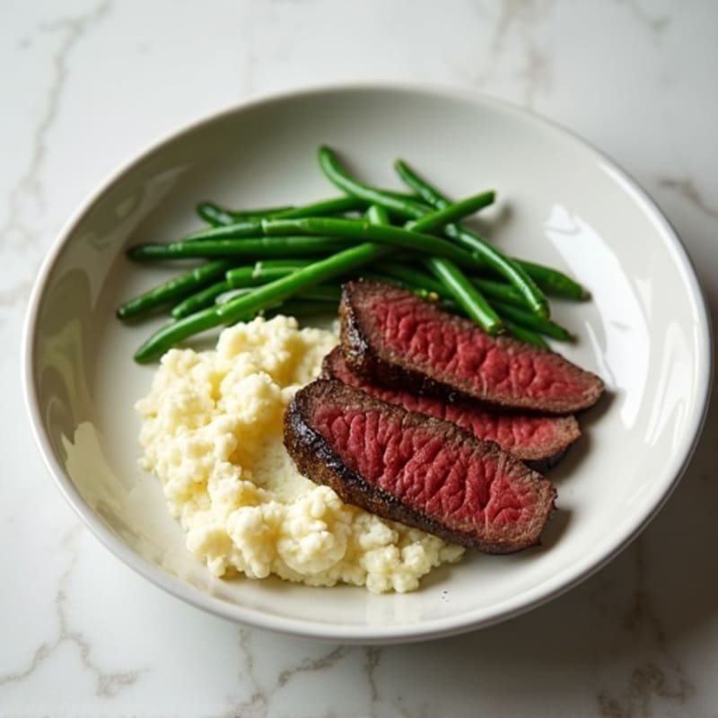 Seared Lean Beef Strips with Steamed Green Beans and Cauliflower Mash