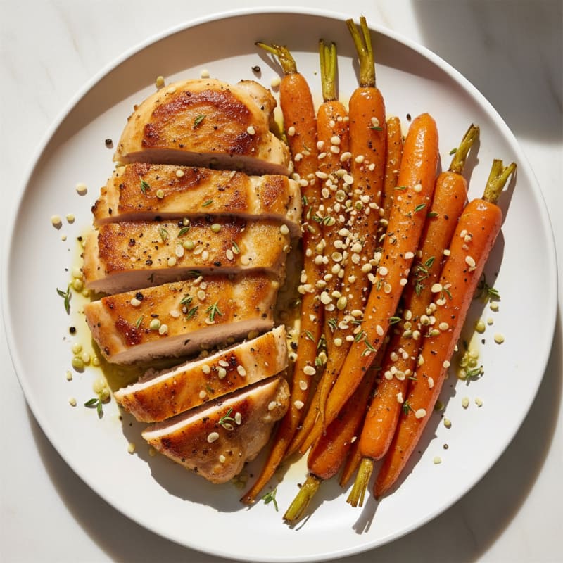 Caramelized Maple-Glazed Roasted Carrots with Herbed Chicken