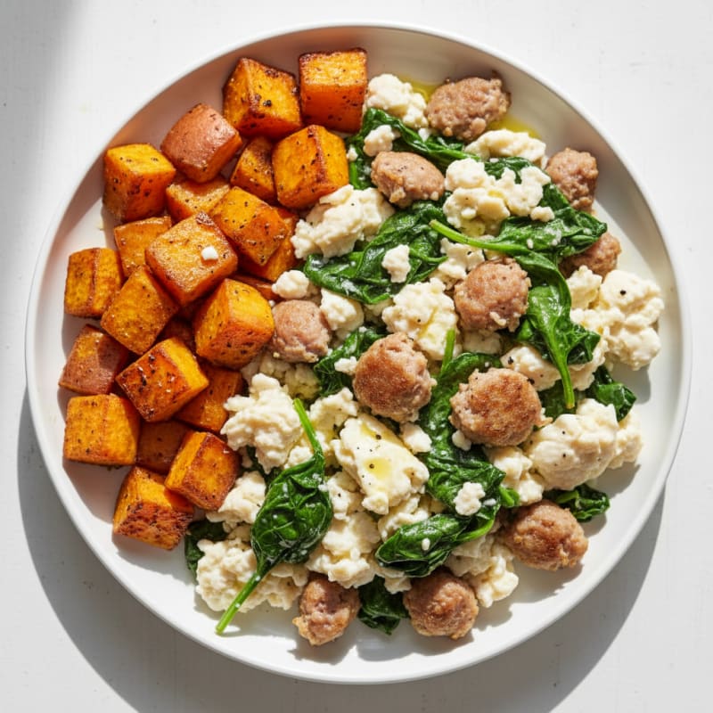 Egg White and Turkey Sausage Scramble with Spinach and Roasted Sweet Potatoes