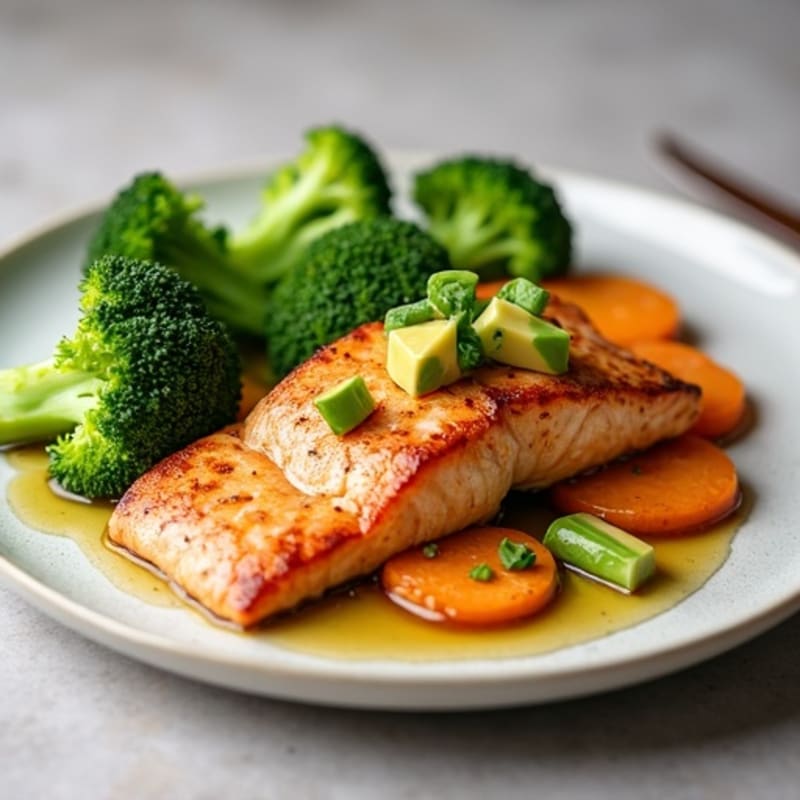 Seared Salmon with Roasted Sweet Potatoes and Steamed Broccoli