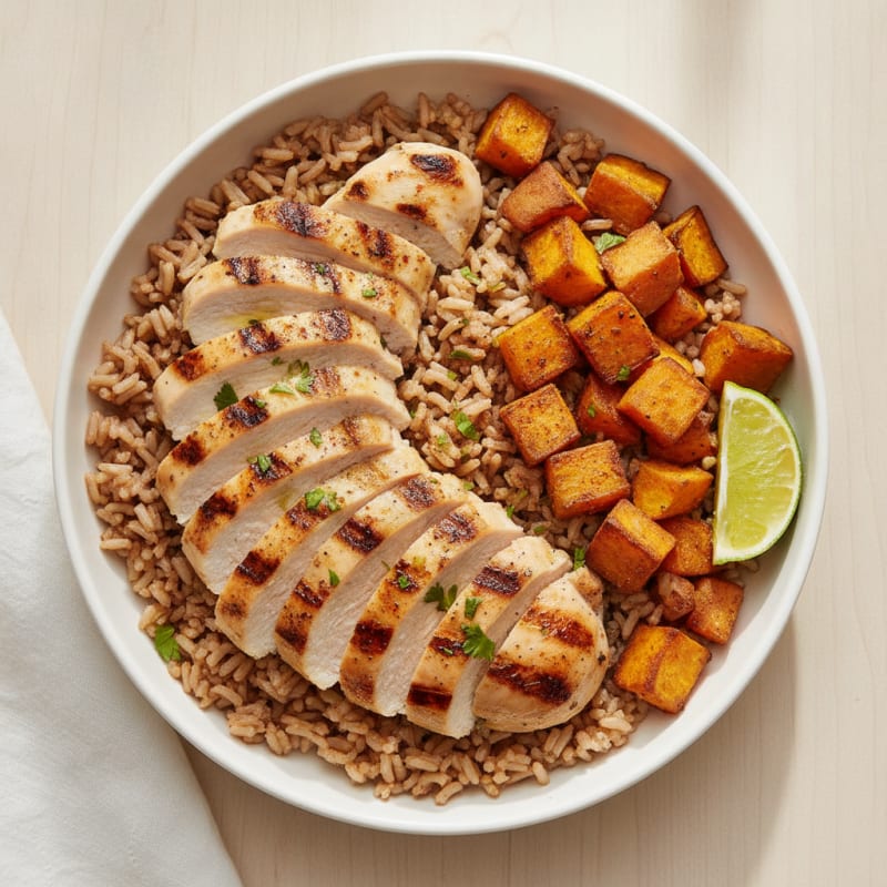 Grilled Chicken and Brown Rice Bowl with Roasted Sweet Potatoes