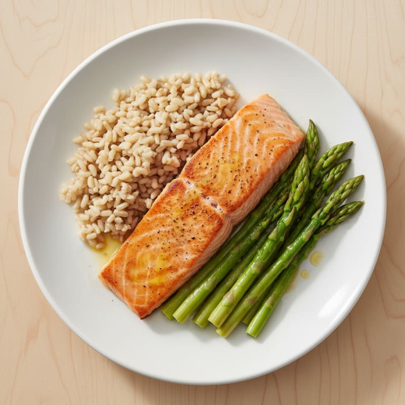 Seared Salmon with Steamed Asparagus and Brown Rice