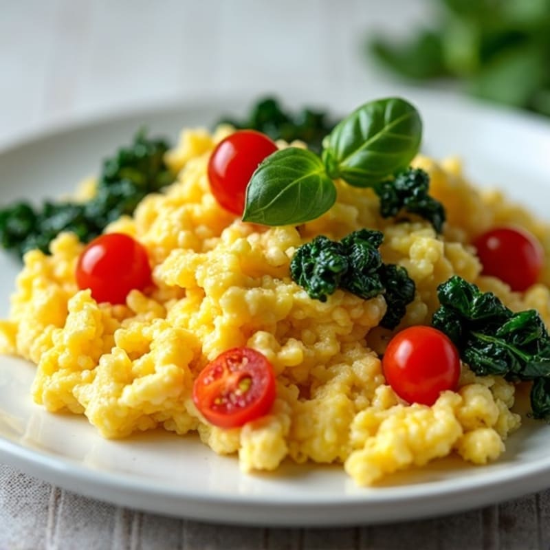 Fluffy Scrambled Eggs with Sautéed Spinach and Cherry Tomatoes