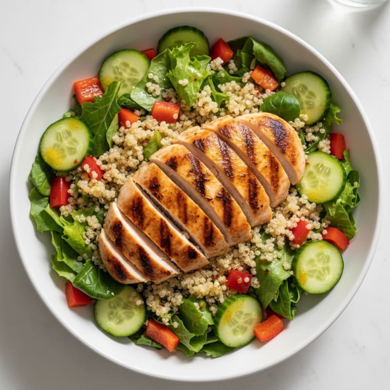 Grilled Chicken Breast Salad with Quinoa and Crunchy Vegetables