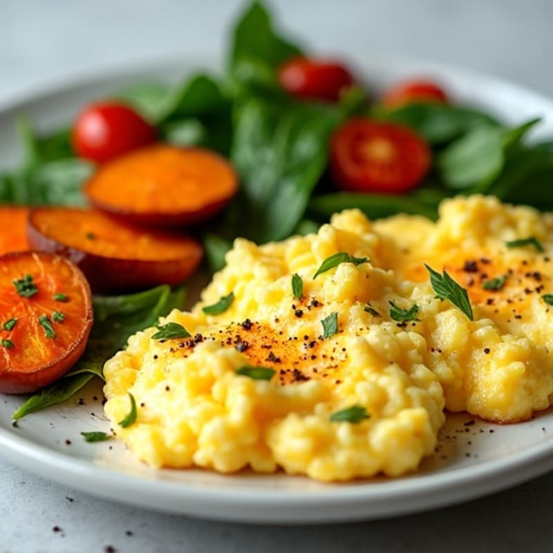 Fluffy Scrambled Eggs with Crispy Roasted Sweet Potatoes and Fresh Spinach