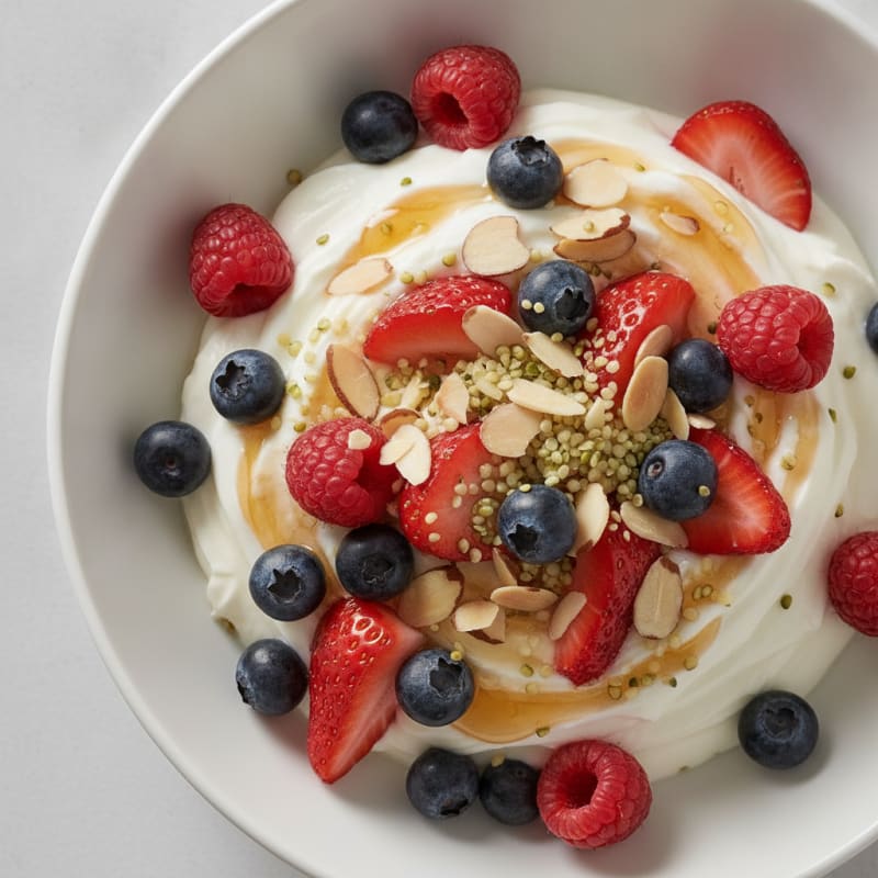 Greek Yogurt Bowl with Mixed Berries, Almonds, and Hemp Seeds