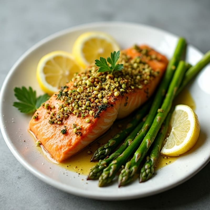 Pistachio-Crusted Baked Salmon with Fresh Citrus-Herb Asparagus
