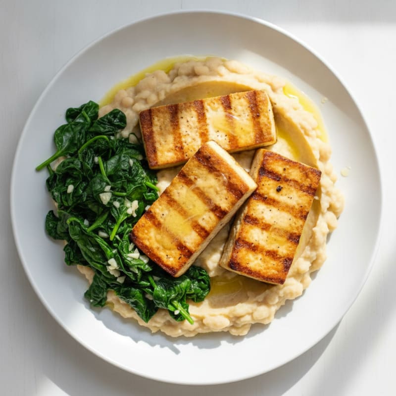 Grilled Tofu Steaks with Sautéed Spinach and White Bean Mash