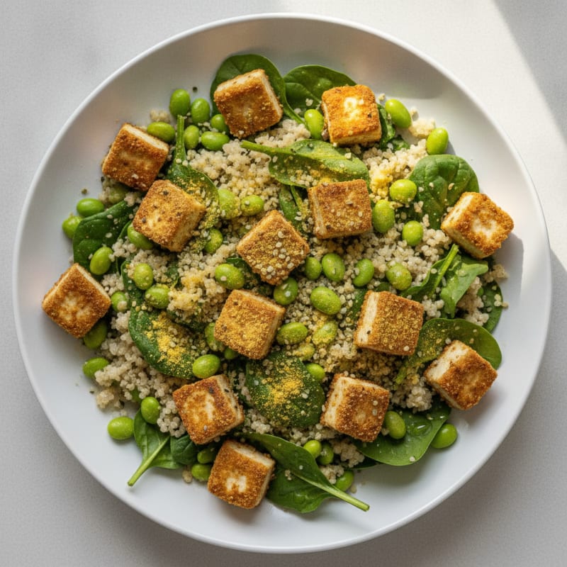 Crispy Tofu and Quinoa Power Salad with Edamame