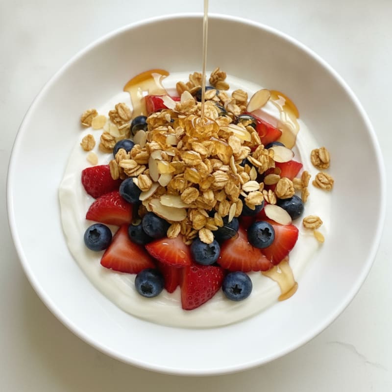 Greek Yogurt Bowl with Fresh Berries and Crunchy Almond Granola