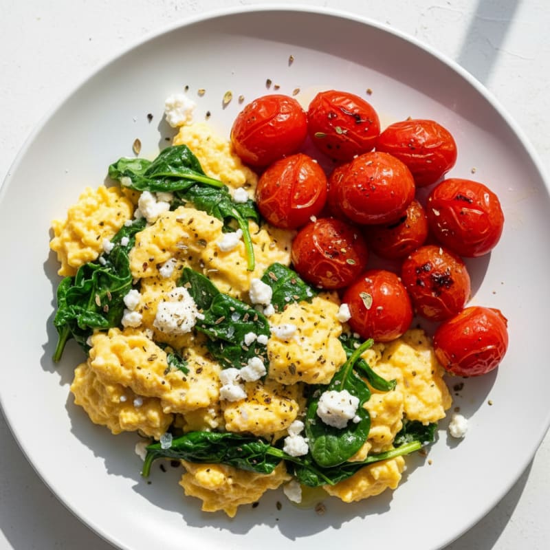 Creamy Feta Scrambled Eggs with Roasted Tomatoes