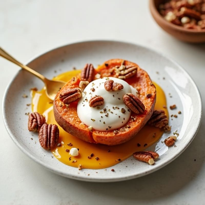 Roasted Sweet Potato with Creamy Vanilla Bean Yogurt and Crunchy Toasted Pecans