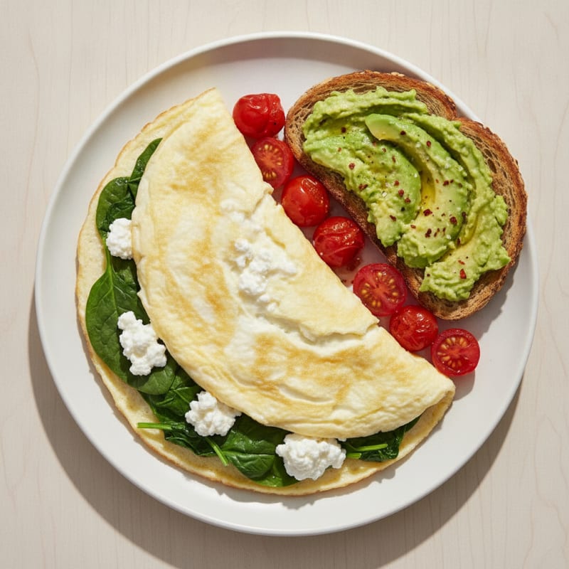 Egg White Spinach Omelet with Cottage Cheese and Cherry Tomatoes