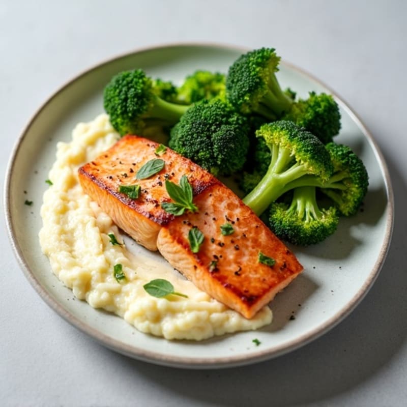 Seared Salmon with Steamed Broccoli and Garlic Cauliflower Mash