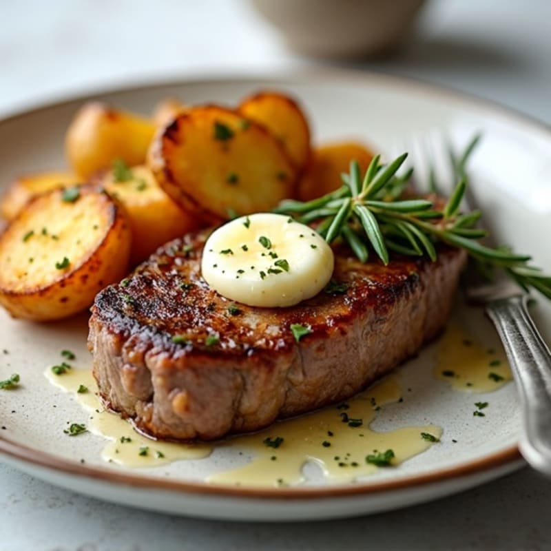 Tender Garlic Butter Pan-Seared Steak with Crispy Roasted Potatoes