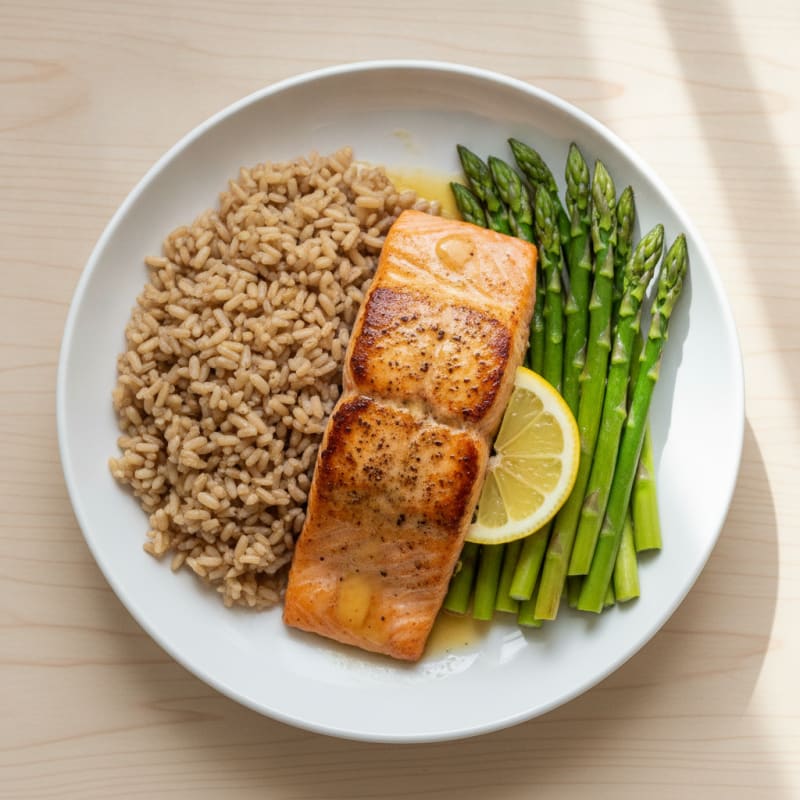 Seared Salmon with Steamed Asparagus and Brown Rice