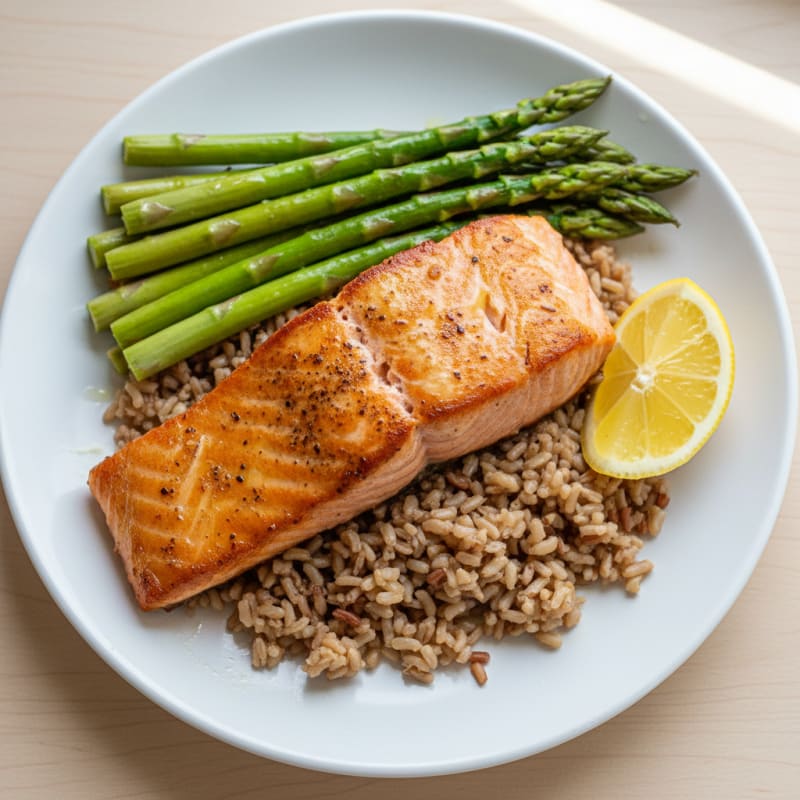 Seared Salmon Filet with Steamed Asparagus and Brown Rice