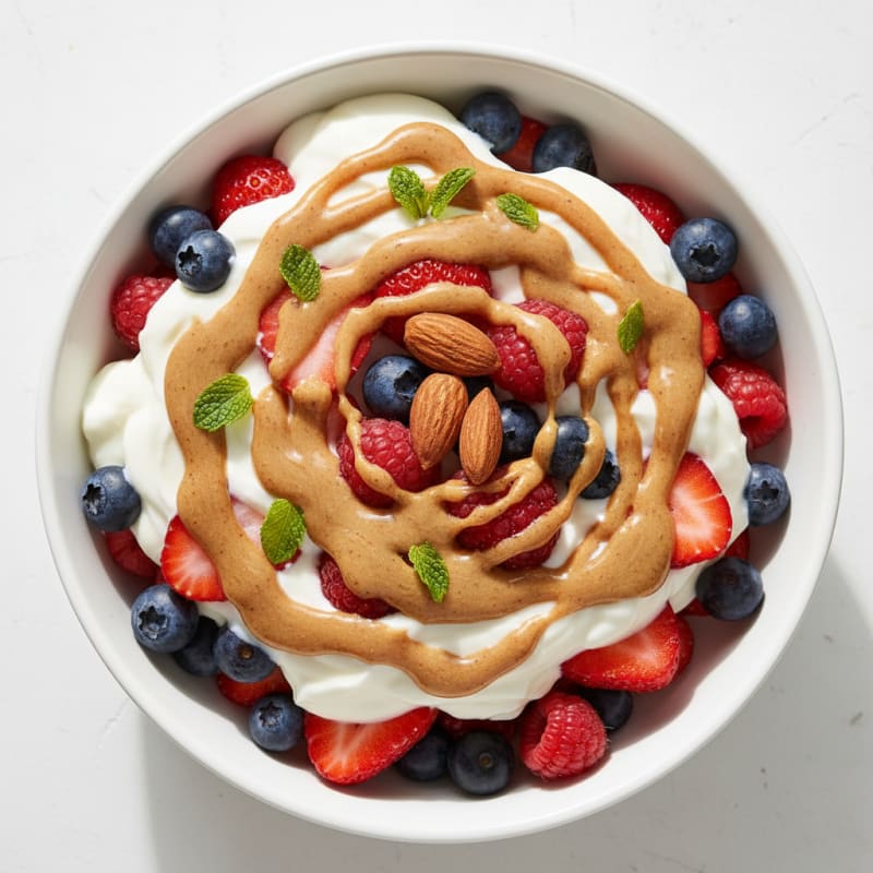 Greek Yogurt Protein Parfait with Mixed Berries and Almond Butter