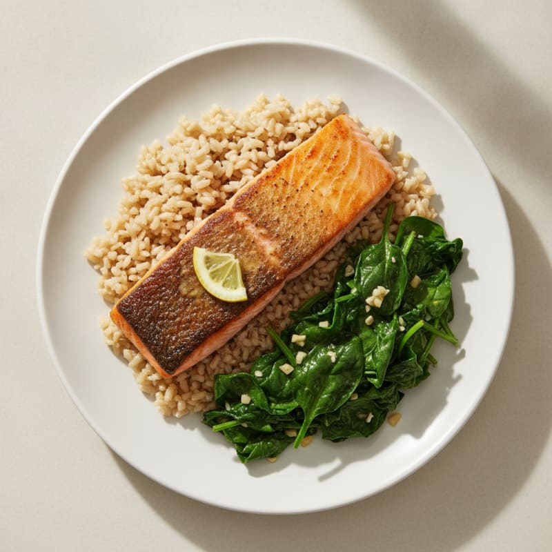 Seared Salmon with Garlic Spinach and Brown Rice
