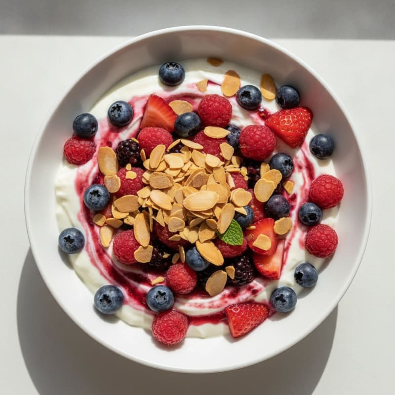 Vanilla Greek Yogurt Protein Parfait with Mixed Berries and Almonds