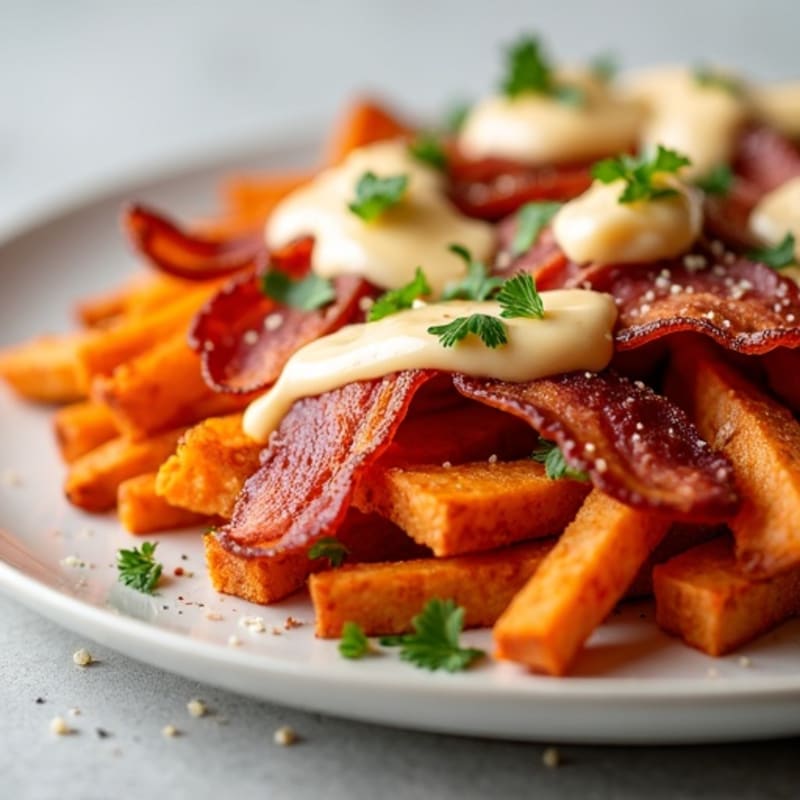 Crispy Baked Sweet Potato Fries with Smoky Bacon and Creamy Cheesy Sauce