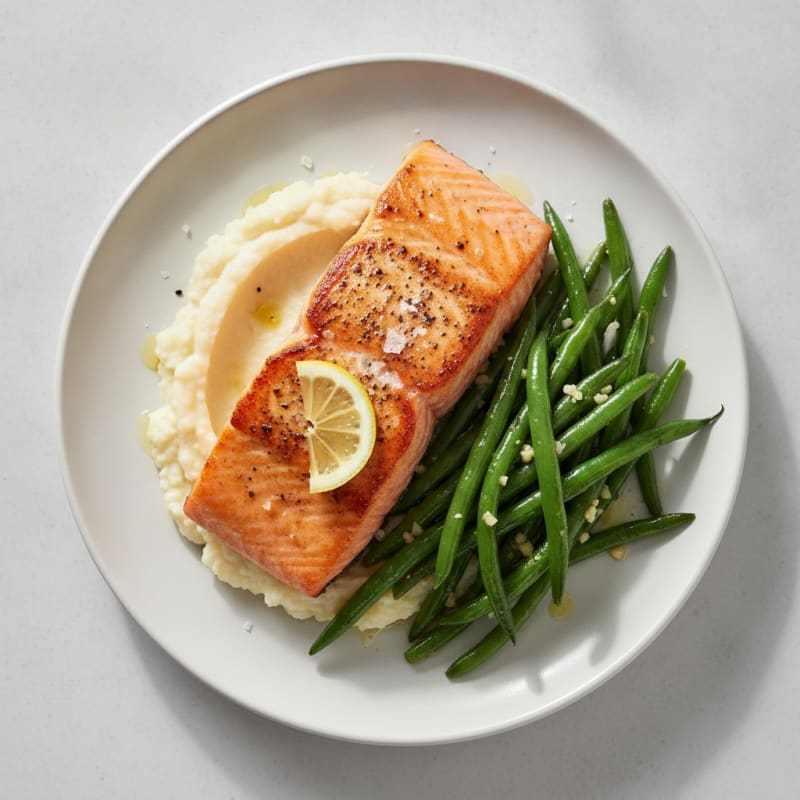 Seared Salmon with Garlic Green Beans and Cauliflower Mash