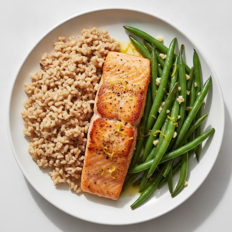 Seared Salmon with Garlic Green Beans and Brown Rice
