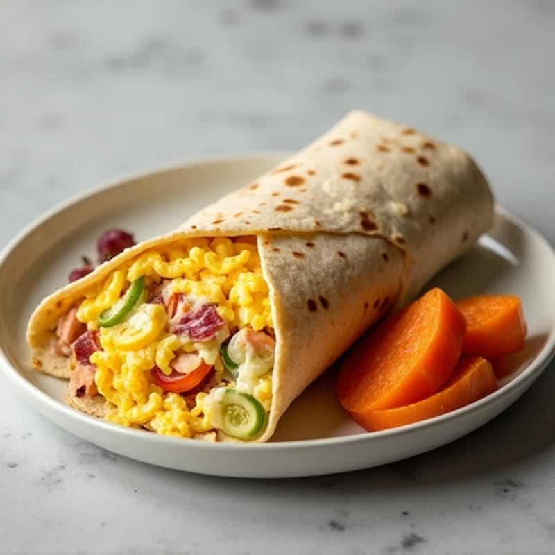 Creamy Scrambled Egg and Lean Turkey Breakfast Burrito with Roasted Sweet Potatoes