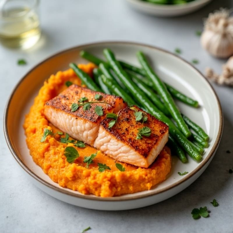 Seared Salmon with Garlic Green Beans and Sweet Potato Mash