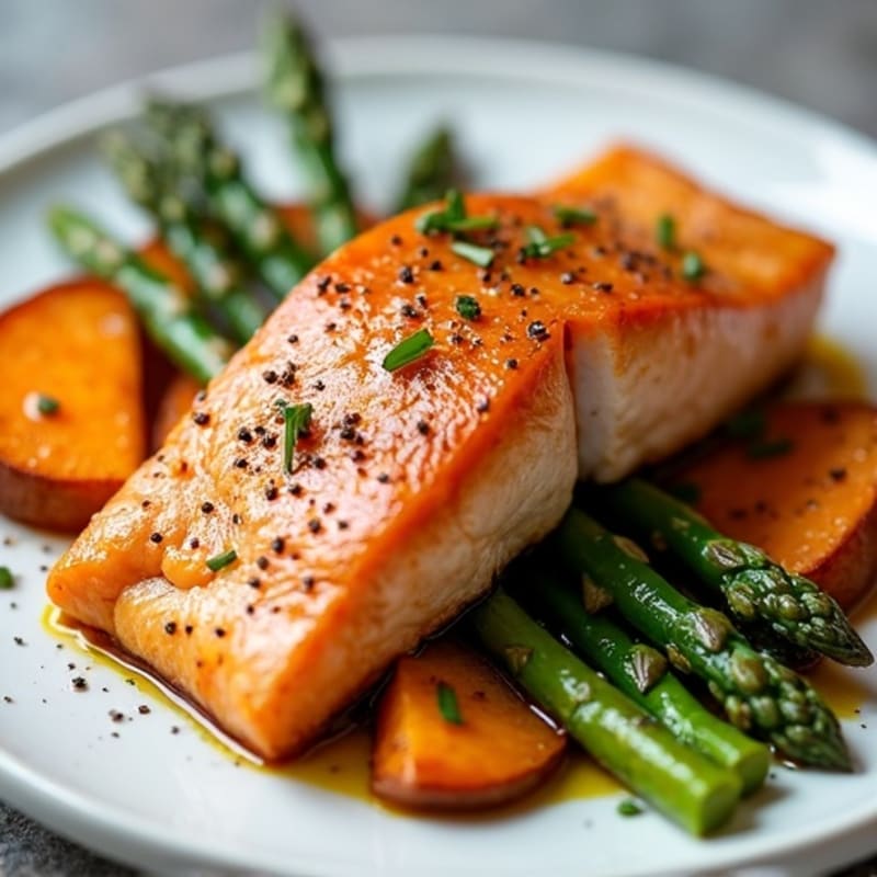 Seared Salmon with Roasted Sweet Potato and Asparagus