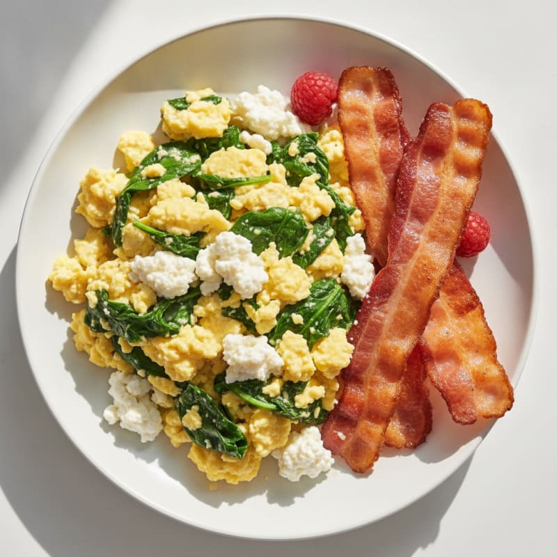 Cottage Cheese Egg Scramble with Spinach and Turkey Bacon