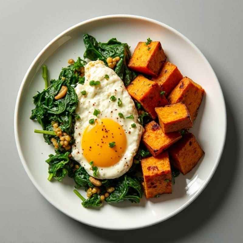 Cottage Cheese and Egg White Scramble with Spinach and Roasted Sweet Potato