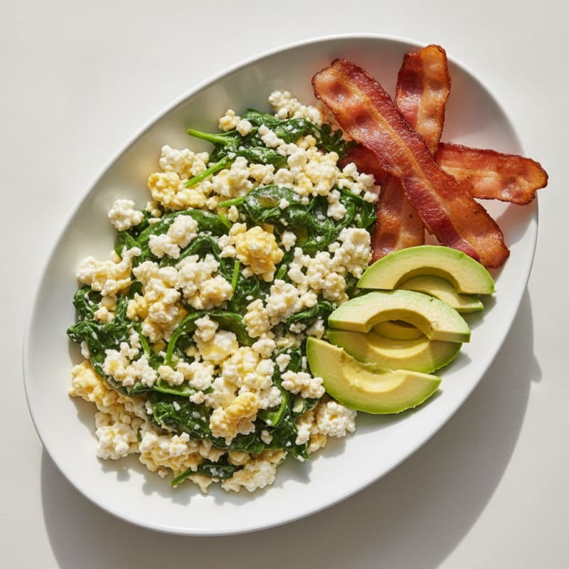 Egg White and Cottage Cheese Scramble with Sautéed Spinach and Turkey Bacon