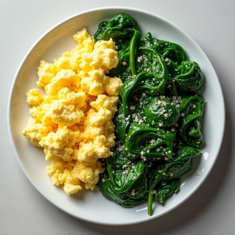 Scrambled Eggs with Cottage Cheese and Sautéed Spinach