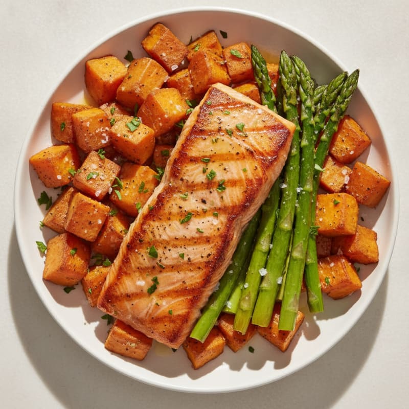 Seared Salmon with Roasted Sweet Potatoes and Asparagus