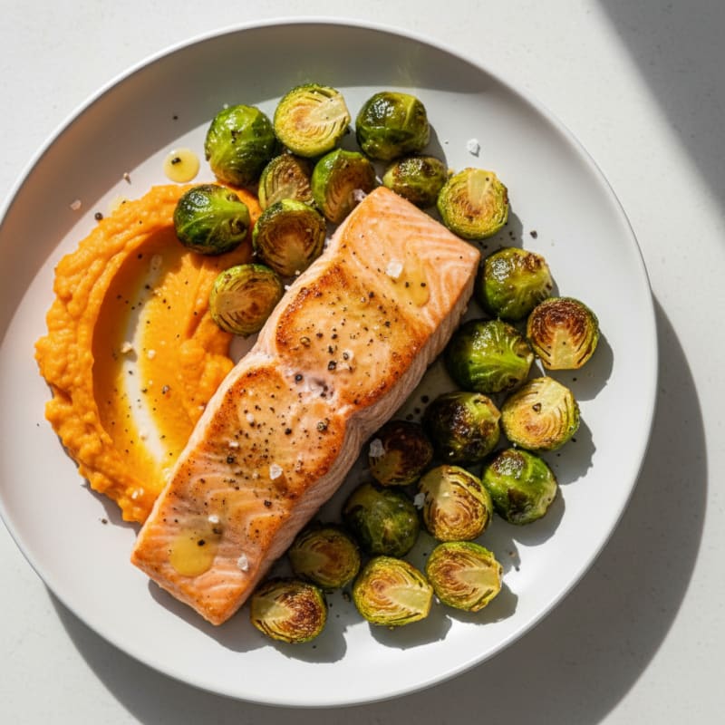Seared Salmon Fillet with Roasted Brussels Sprouts and Sweet Potato Mash