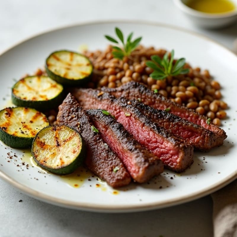 Seared Lean Beef Strips with Grilled Zucchini and Lentils