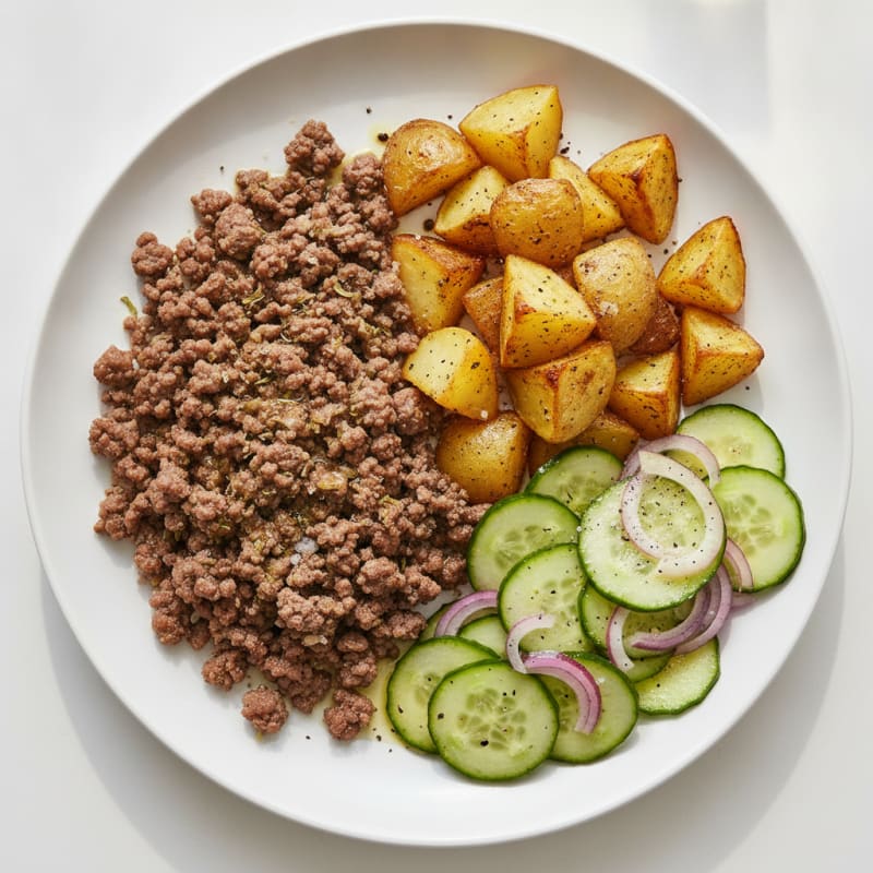 Beef Mince with Roasted Potatoes and Cucumber Salad