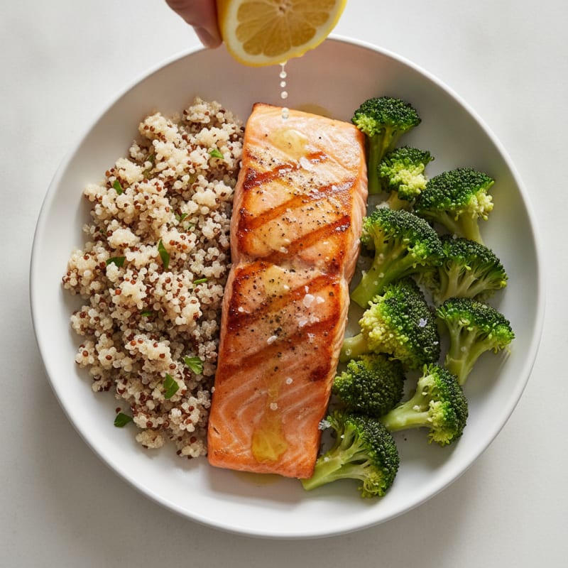 Roasted Salmon with Steamed Broccoli and Quinoa