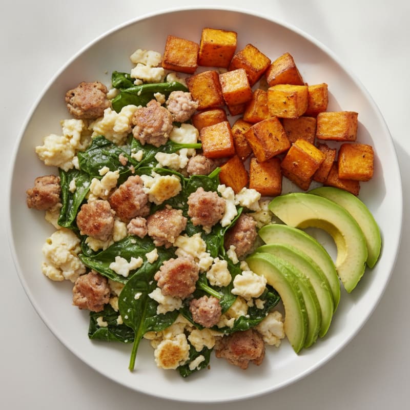 Crispy Turkey Sausage and Egg White Scramble with Spinach