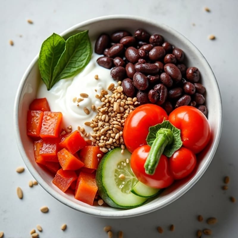 Creamy Greek Yogurt and Black Bean Bowl with Roasted Bell Peppers and Chopped Salad