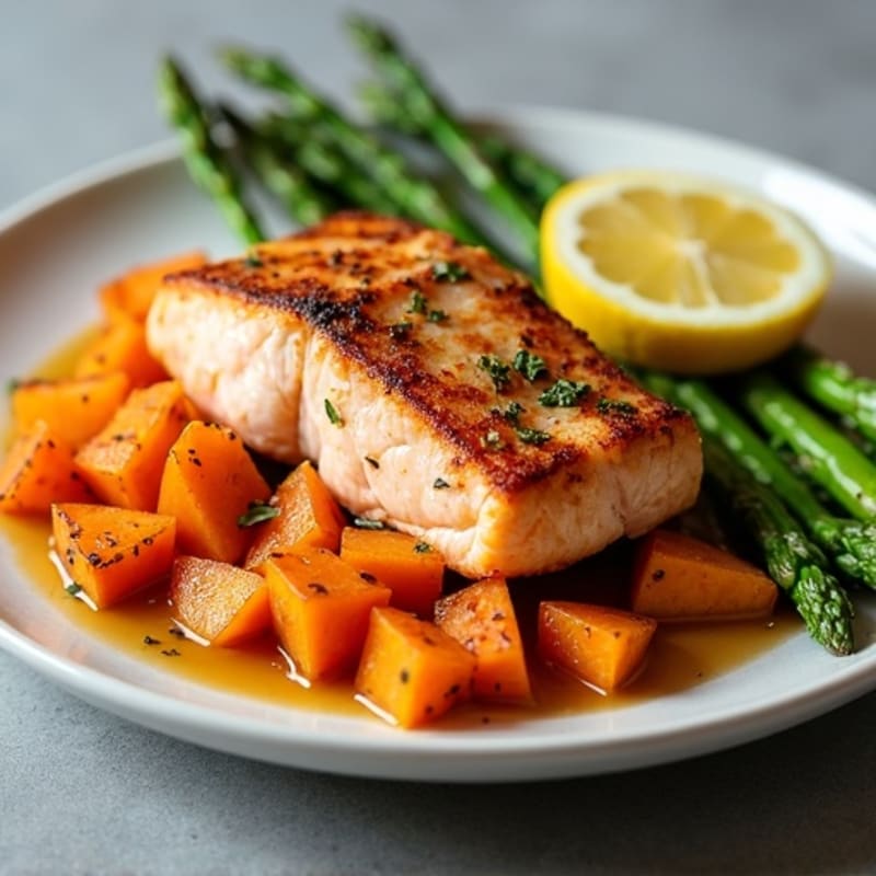 Seared Salmon Fillet with Roasted Sweet Potato and Asparagus