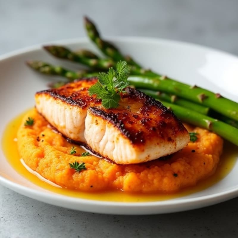 Seared Salmon Filet with Roasted Asparagus and Sweet Potato Mash